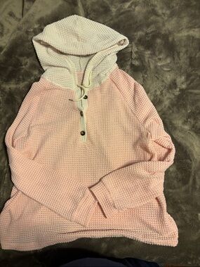 Waffle-Knit Hooded Pullover Top - Pink/Cream light weight  smoke free home